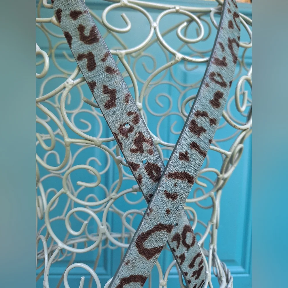 Genuine Leather Belt TEAL Leopard Animal Print Cow Fur Thin Womens